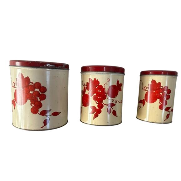 Vtg Retro MCM Nesting Metal Canisters Fruit Grapes Flower biege yellow Set Of 3 - Picture 1 of 11